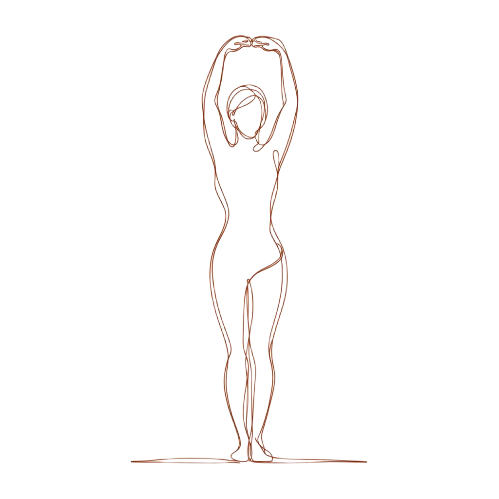 Continuous line drawing of figure stretching with arms raised — aromatherapy body rub illustration